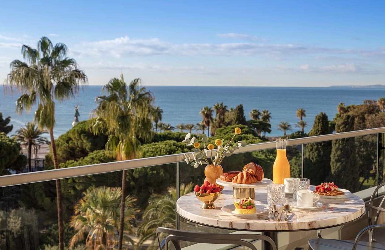 Anantara Plaza Nice Hotel’s Presidential Suite Balcony with Breakfast overlooking the gardens and beach